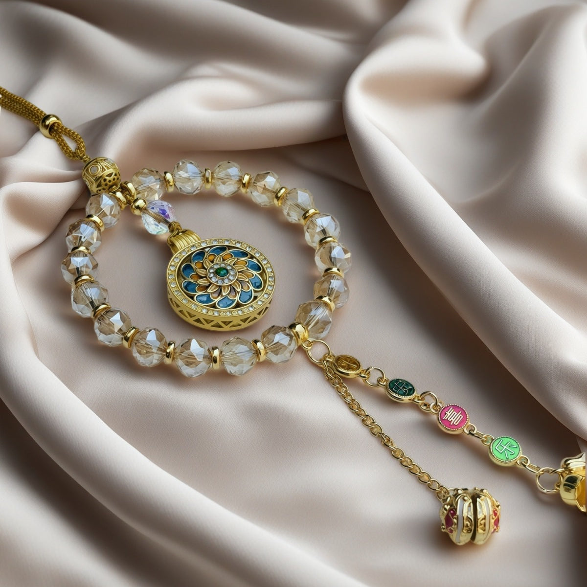 Blue lotus medallion and faceted bead detail