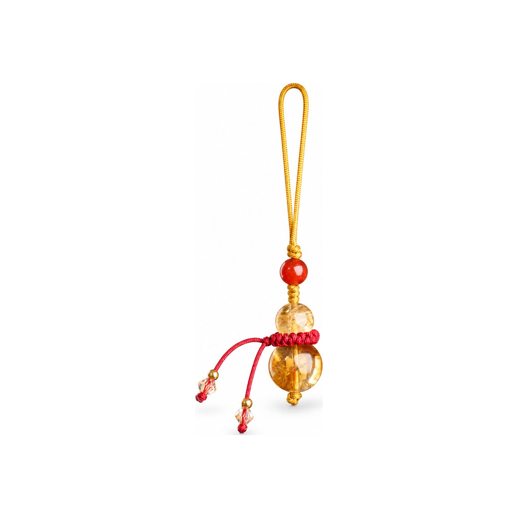 Golden yellow gourd bead bag charm with red knots
