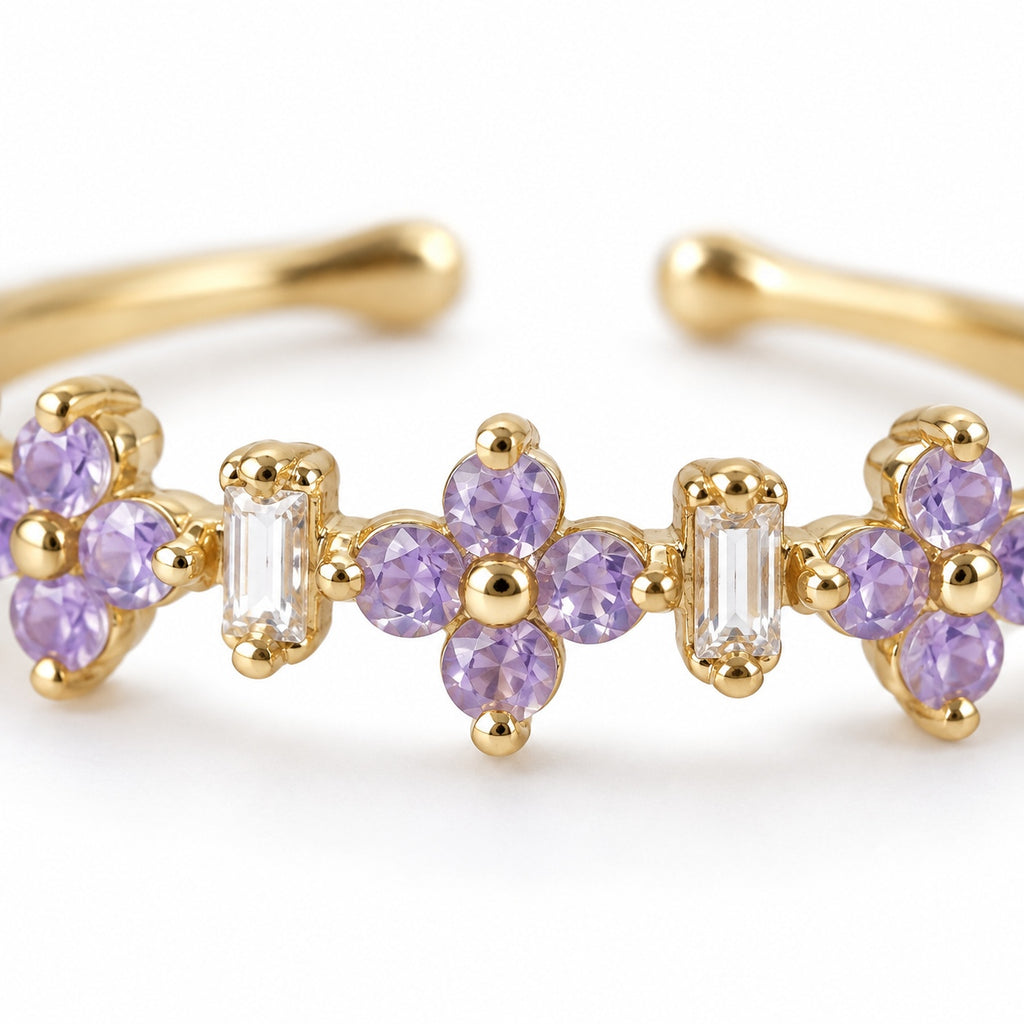 Lavender blossom row adjustable ring — flower detail