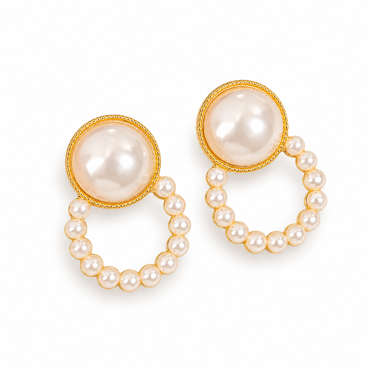 Pearl-Look Circle Drop Earrings — angled pair on white
