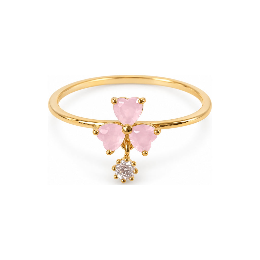Pink three-petal gold-tone adjustable ring with a clear round drop — hero view