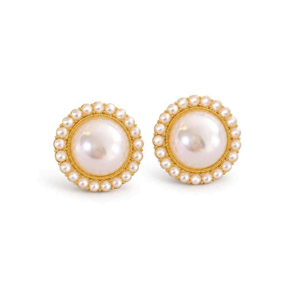 Round Pearl-Look Halo Stud Earrings — angled pair on white