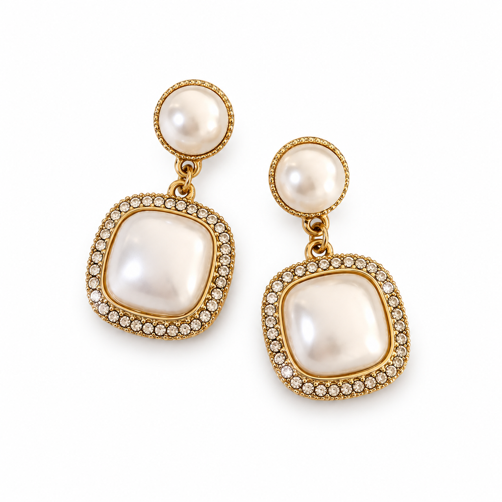 Square Pearl-Look Halo Drop Earrings — angled pair on white