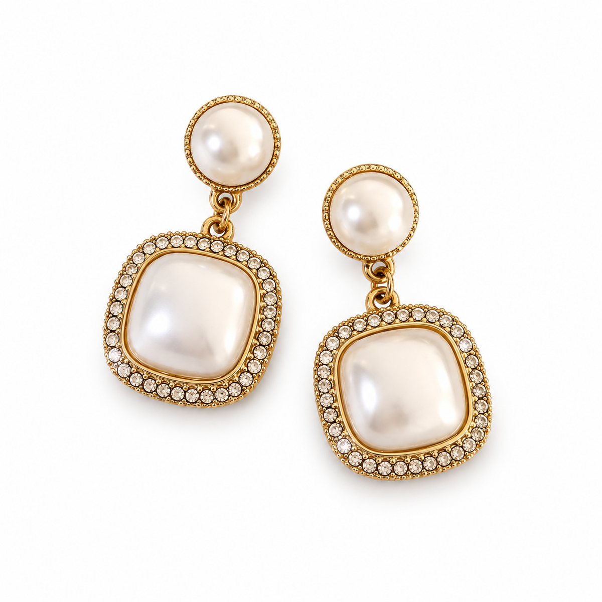 Square Pearl-Look Halo Drop Earrings — angled pair on white