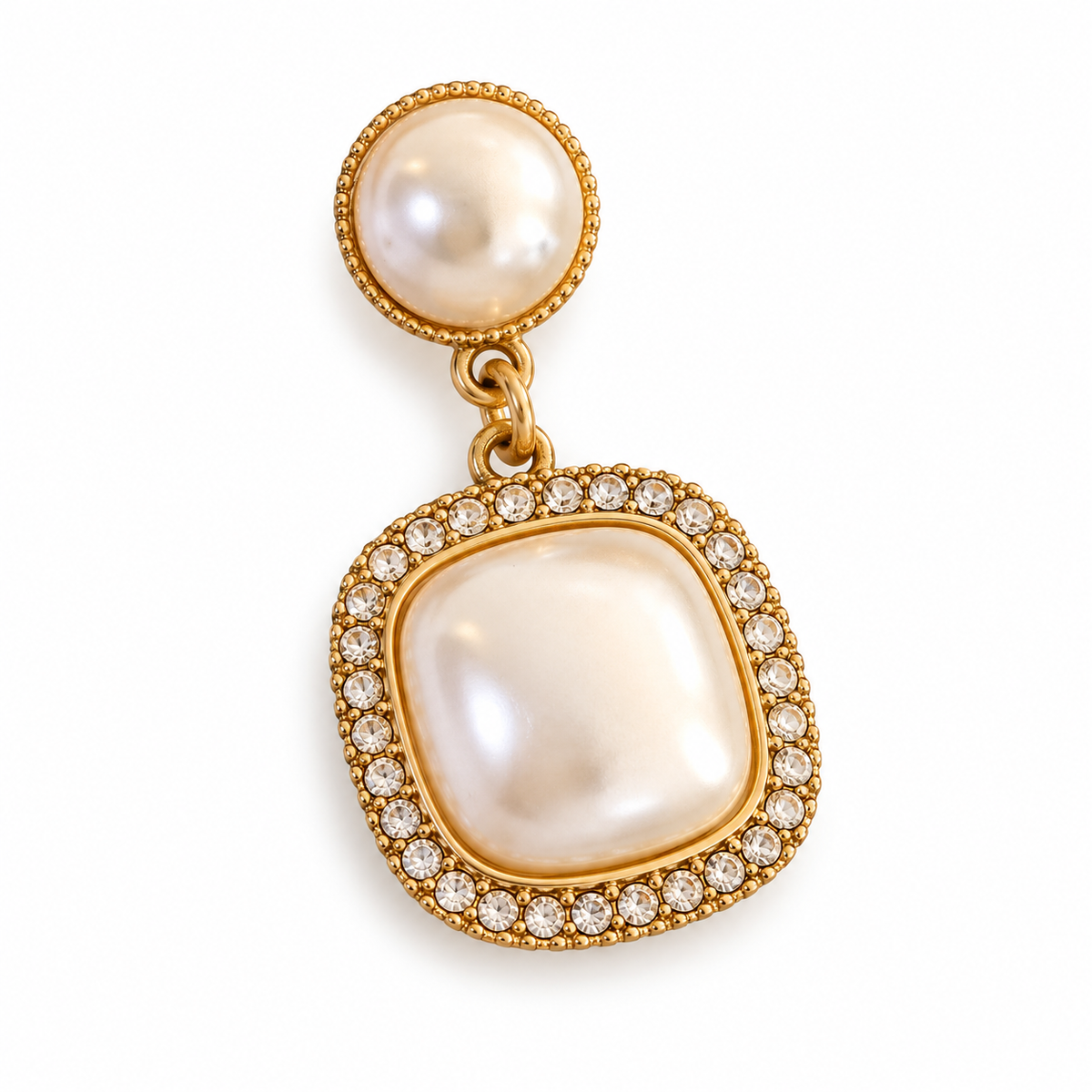 Square Pearl-Look Halo Drop Earrings — single earring close-up