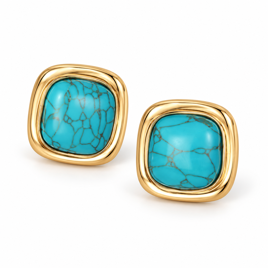 Turquoise-Tone Cushion Square Stud Earrings — angled pair on white
