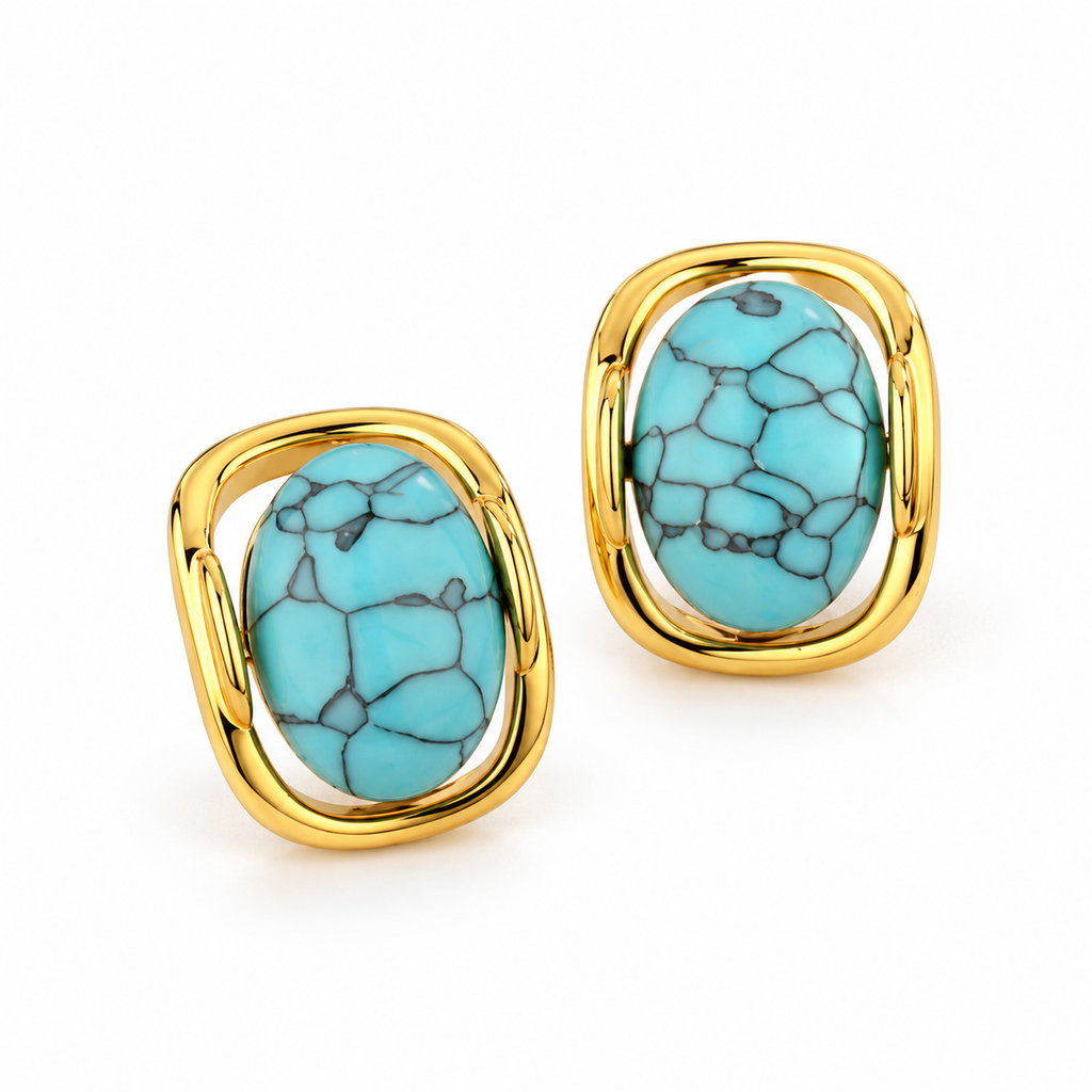 Turquoise-Tone Openwork Frame Stud Earrings — angled pair on white