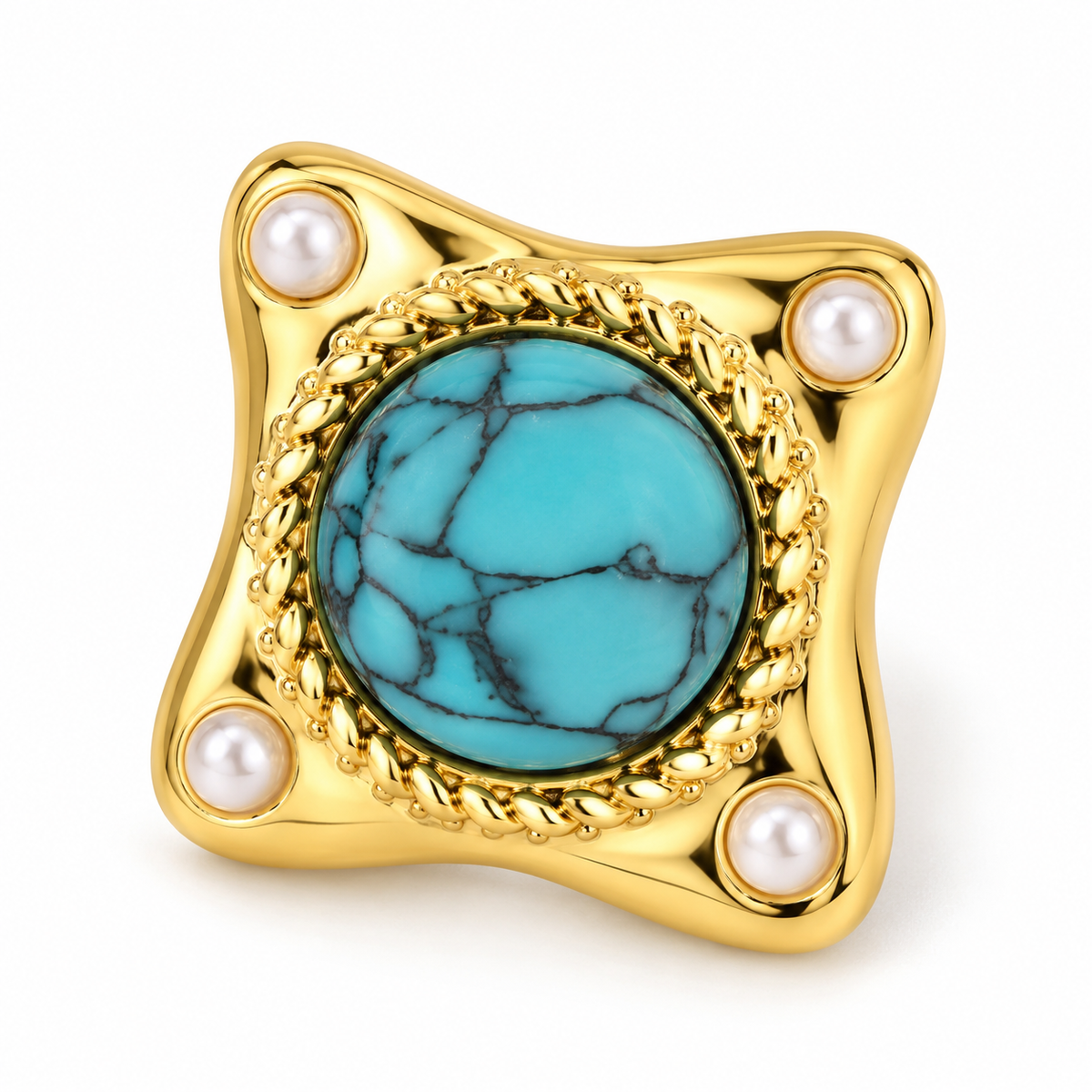 Turquoise-Tone Pearl-Look Corner Stud Earrings — single earring close-up