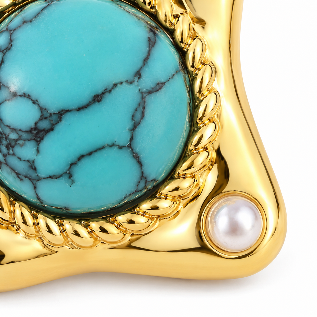 Turquoise-Tone Pearl-Look Corner Stud Earrings — front surface detail