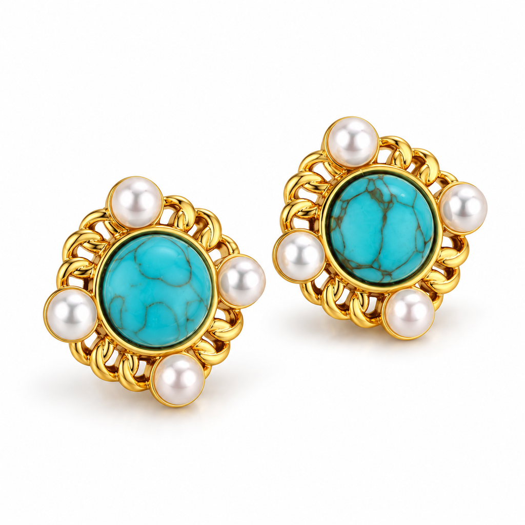 Turquoise-Tone Pearl-Look Floral Stud Earrings — angled pair on white
