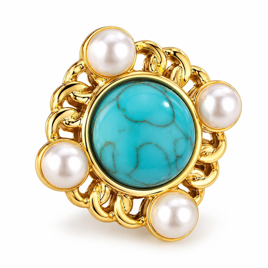 Turquoise-Tone Pearl-Look Floral Stud Earrings — single earring close-up