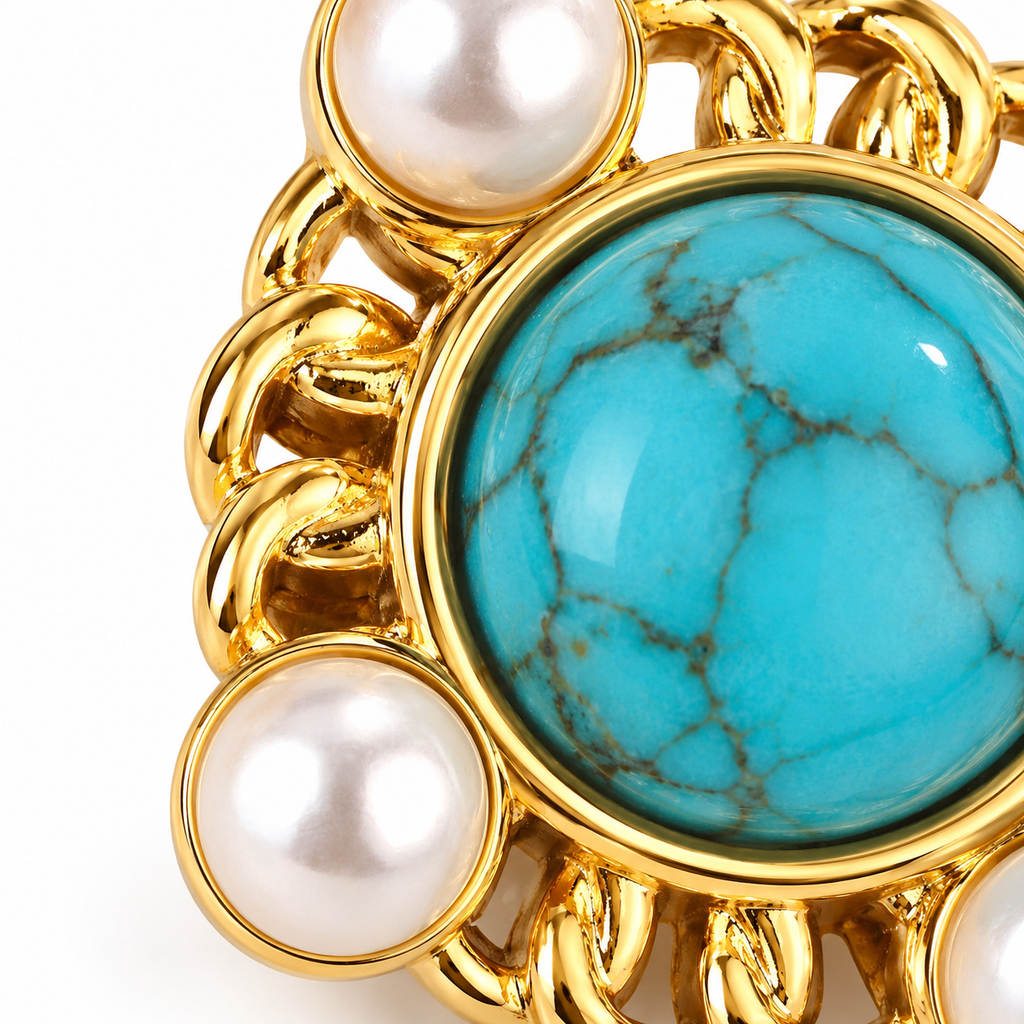 Turquoise-Tone Pearl-Look Floral Stud Earrings — front surface detail