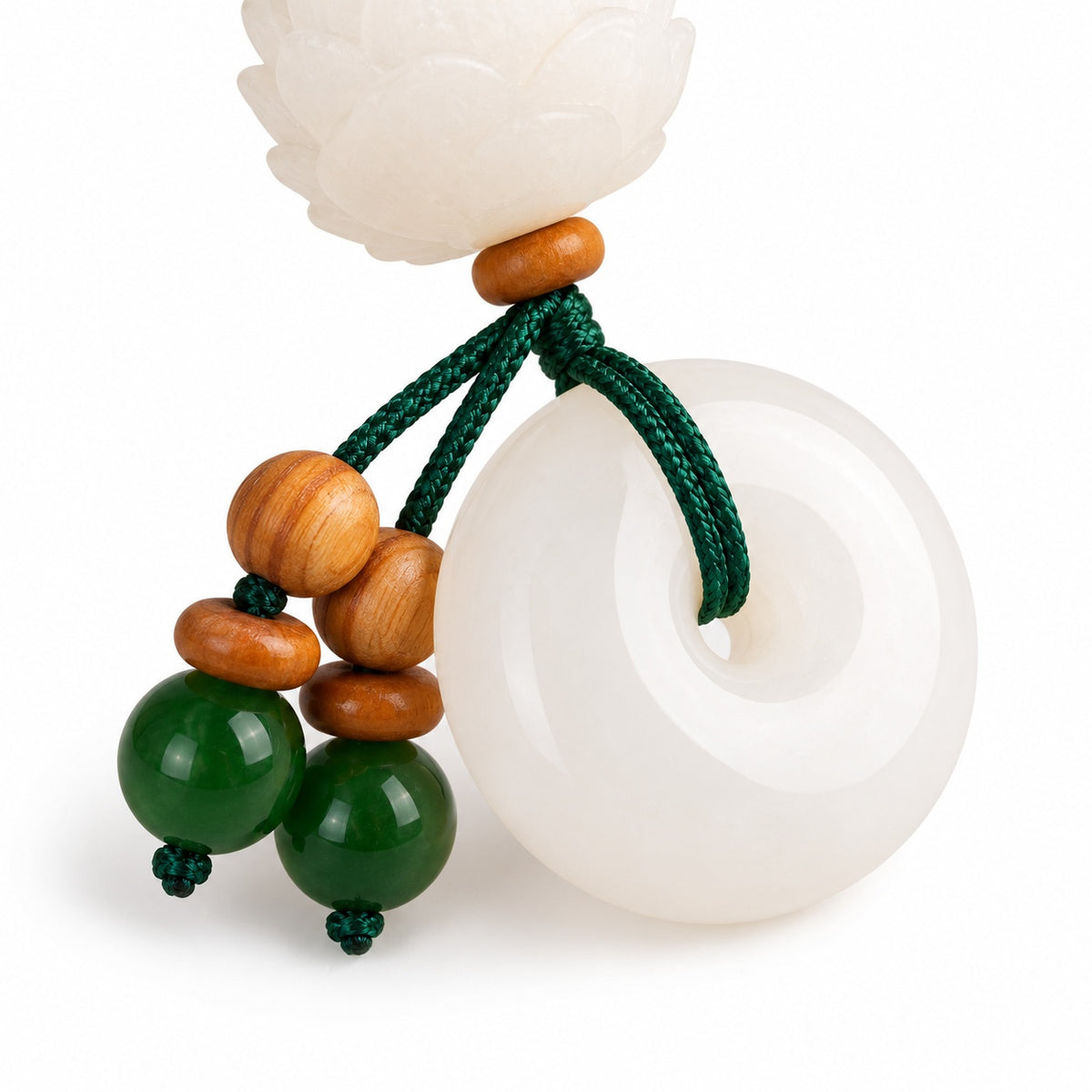 White lotus and round disc bag charm — disc detail