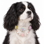 Rose Milk Human & Pet Match — black and white spaniel wearing the pet collar, AI styling illustration