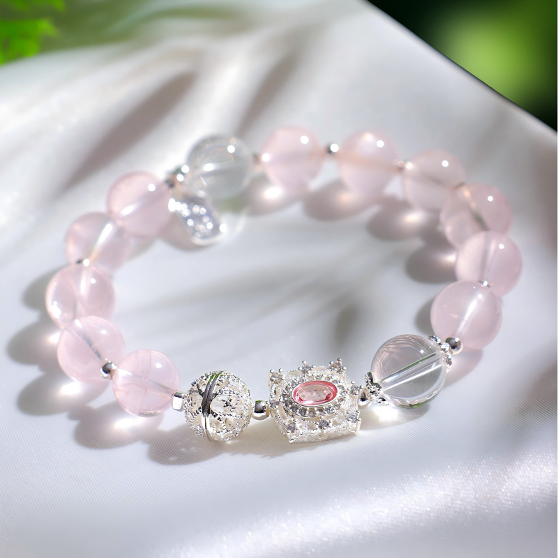 Natural Rose Quartz Beaded Bracelet with Silver Charms | Healing Crystal Jewelry