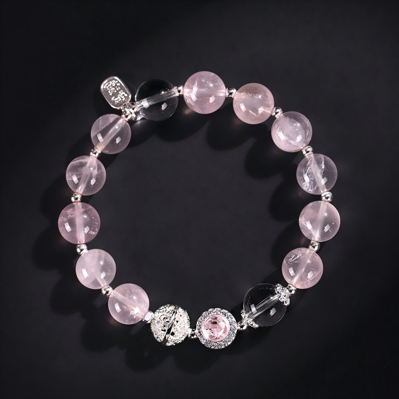 Natural Rose Quartz Beaded Bracelet with Silver Charms | Healing Crystal Jewelry