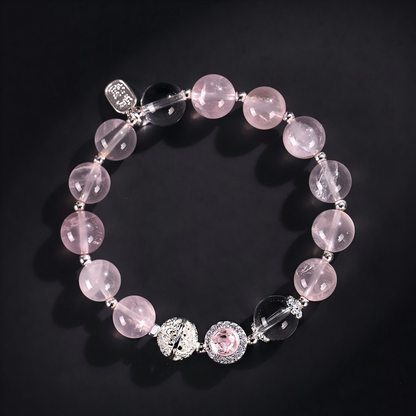 Natural Rose Quartz Beaded Bracelet with Silver Charms | Healing Crystal Jewelry
