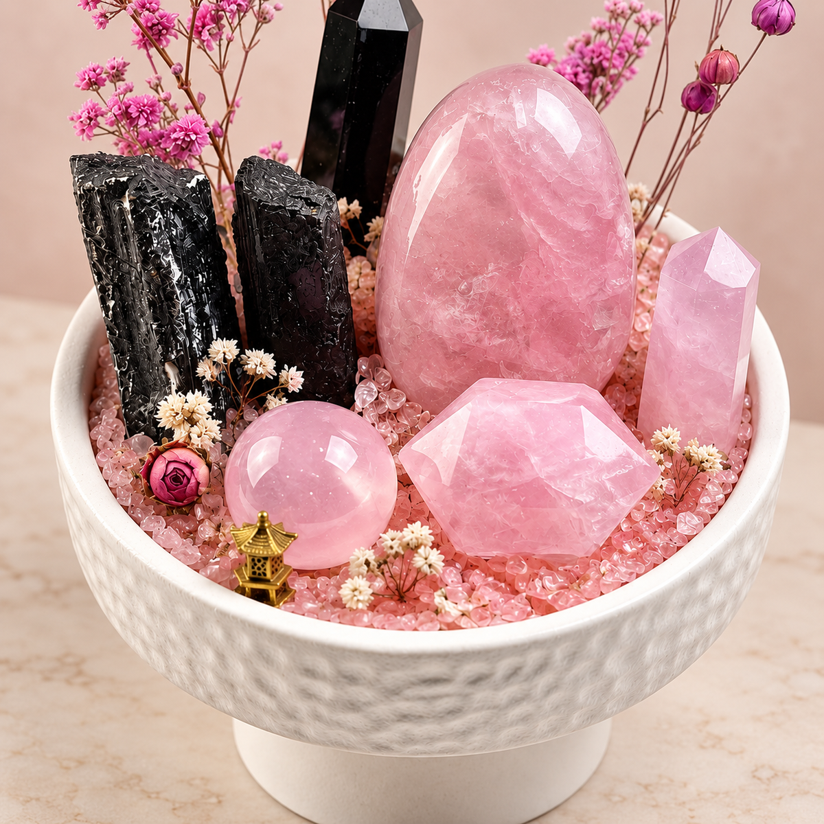 Rose Resolve Crystal Garden — foreground stones and bowl detail