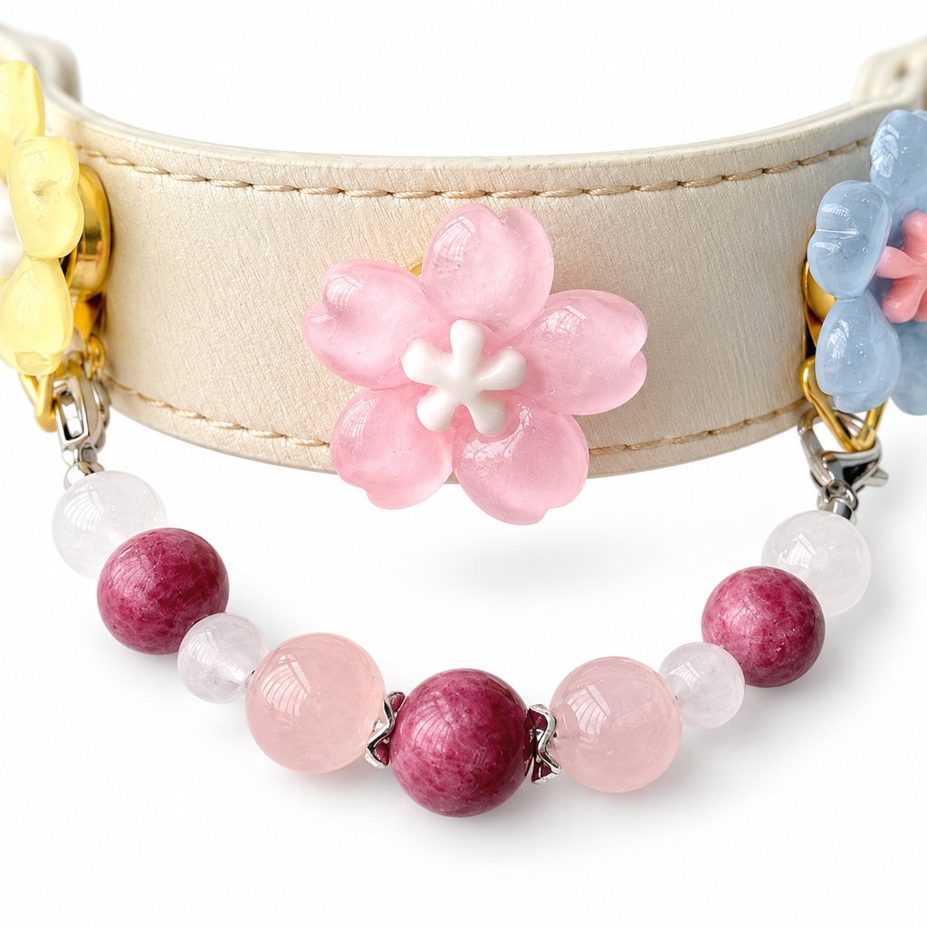 Rose Snow Blossom Beaded Pet Collar - bead and strap detail