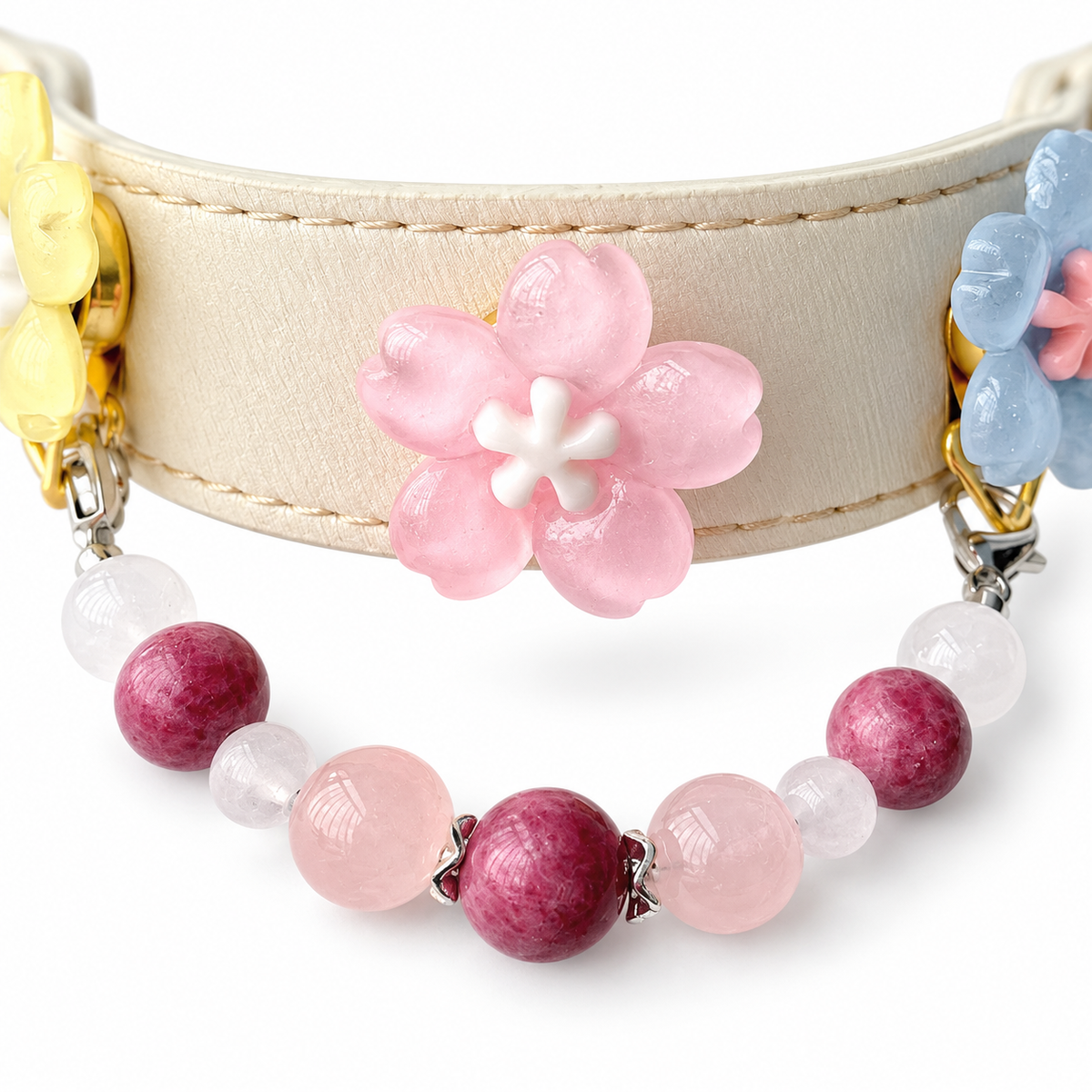 Rose Snow Blossom Beaded Pet Collar - bead and strap detail