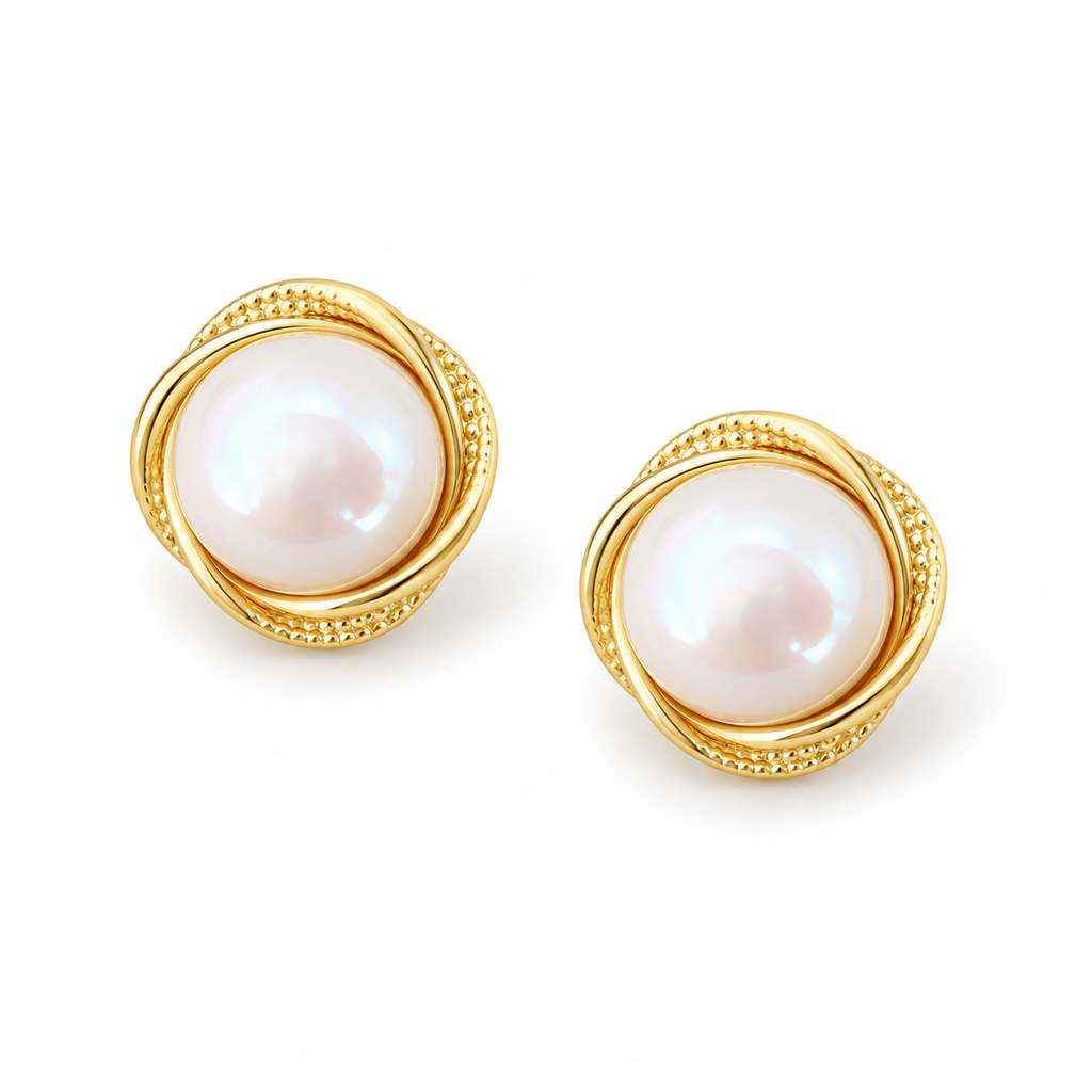 Round Frame Pearl Stud Earrings - alternate view