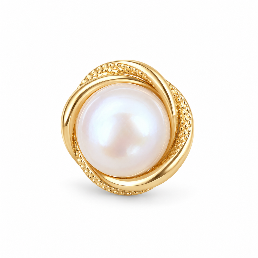 Round Frame Pearl Stud Earrings - single earring detail