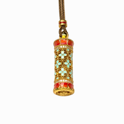 A front view of an authentic sand gold folding fan pendant featuring an intricate "Fu" character and Hulu gourd motifs, surrounded by sparkling crystal rhinestones on a gold chain, against a white background.