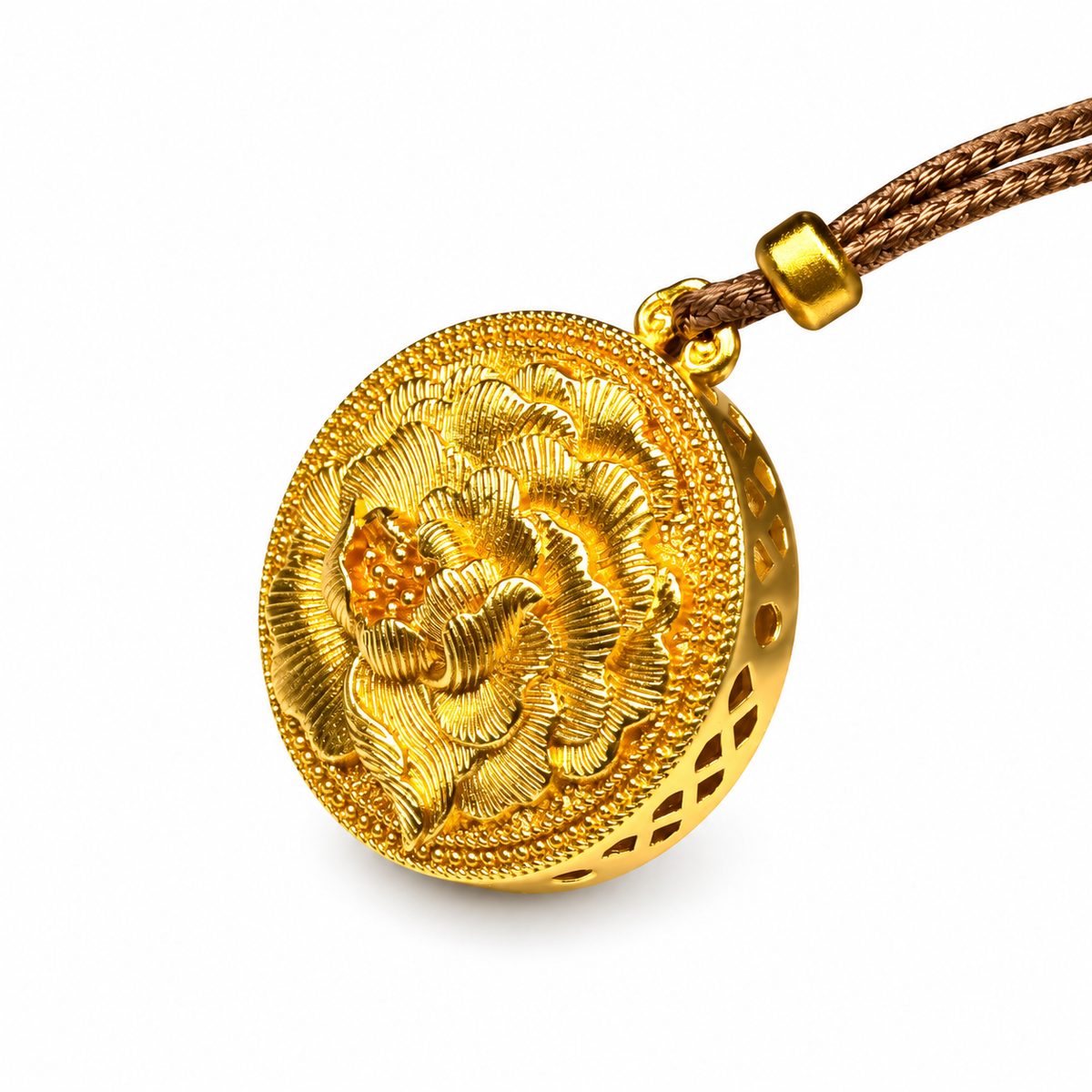 Gold-Tone Peony Relief Pendant — detail view