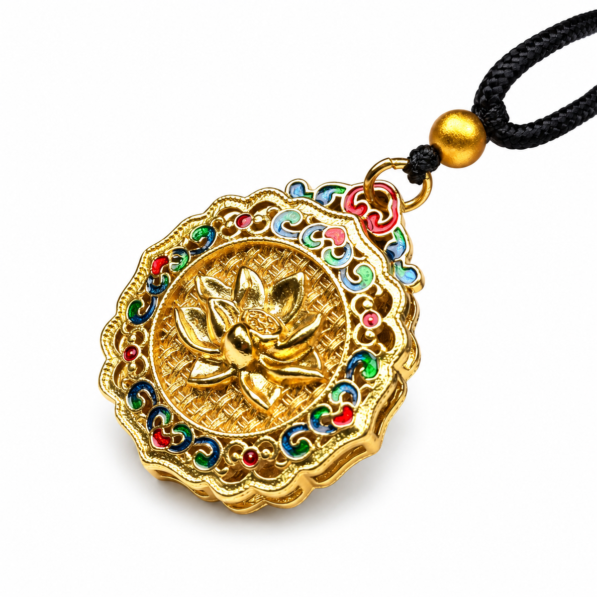 Reversible Enamel Lotus Amulet Pendant — detail view
