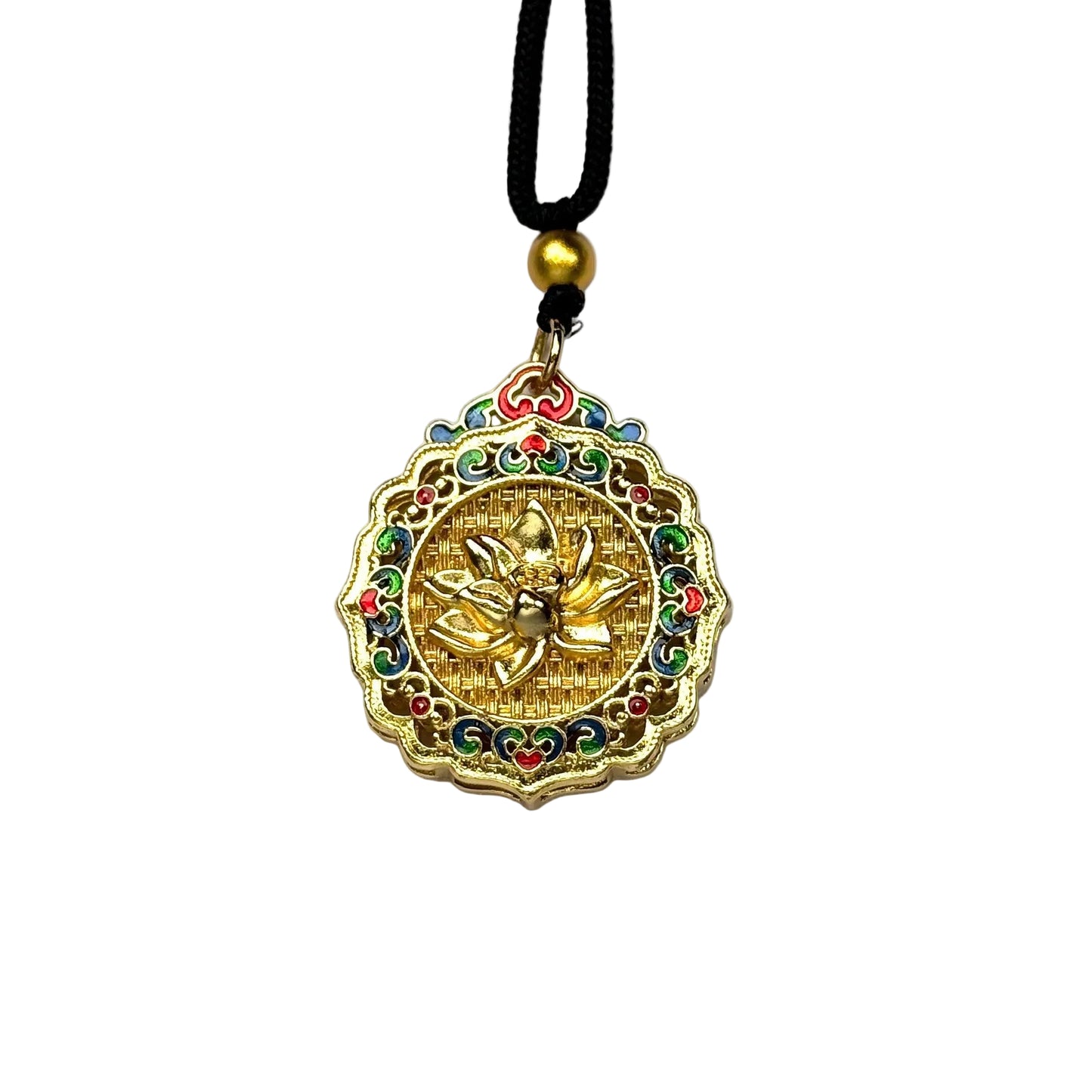 A front view of a vibrant sand gold amulet pendant featuring a 3D embossed lotus flower surrounded by colorful red, blue, and green enamel details on a white background.