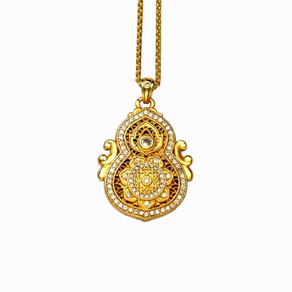 A crisp front view of an authentic sand gold Hulu gourd pendant with Ruyi cloud ears, featuring an intricate openwork filigree backdrop, sacred lotus mandala, and a brilliant diamond rhinestone border on a white background.