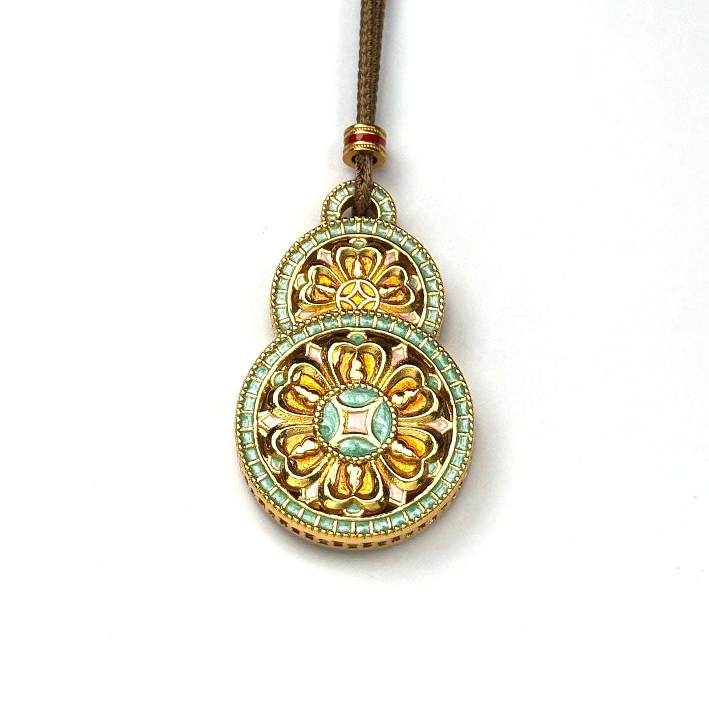 A premium sand gold Hulu gourd pendant necklace showcasing soft mint green enamel floral details and glistening rhinestone crystal rows on a white background.