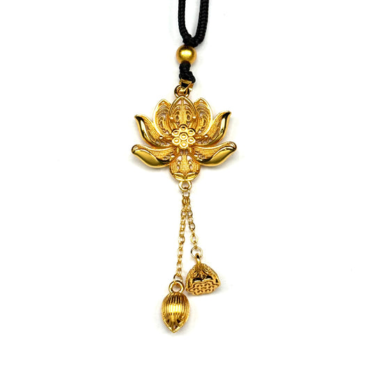 An elegant sand gold filigree lotus pendant with dangling lotus pod tassels on a black cord, displayed against a pure white background.