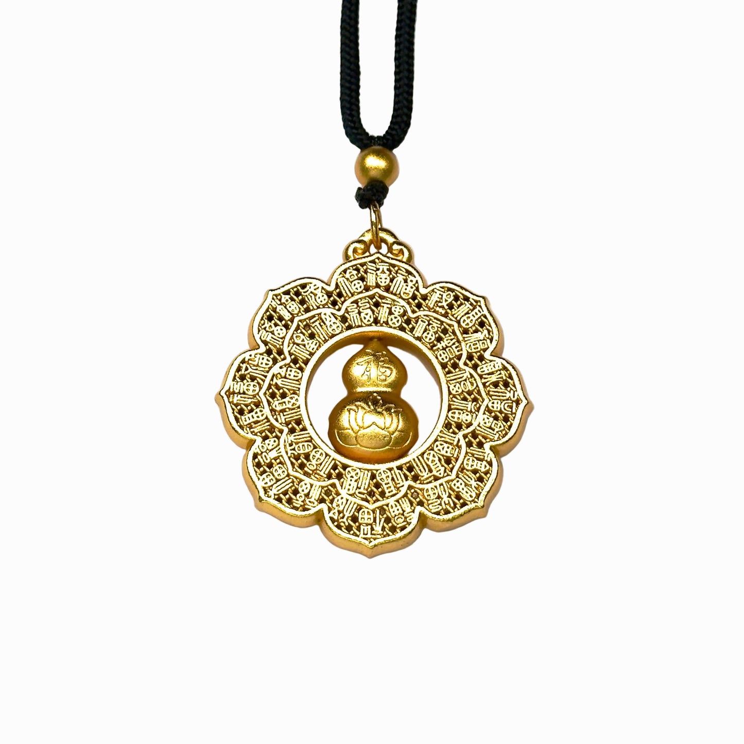 A front view of an authentic sand gold round pendant featuring a hundred blessings micro-engraved border and a 3D spinning Hulu gourd charm in the center, on a white background.