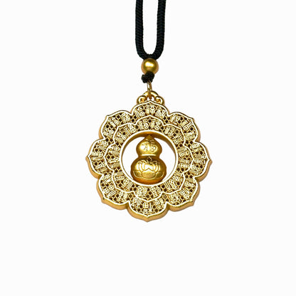 A front view of an authentic sand gold round pendant featuring a hundred blessings micro-engraved border and a 3D spinning Hulu gourd charm in the center, on a white background.