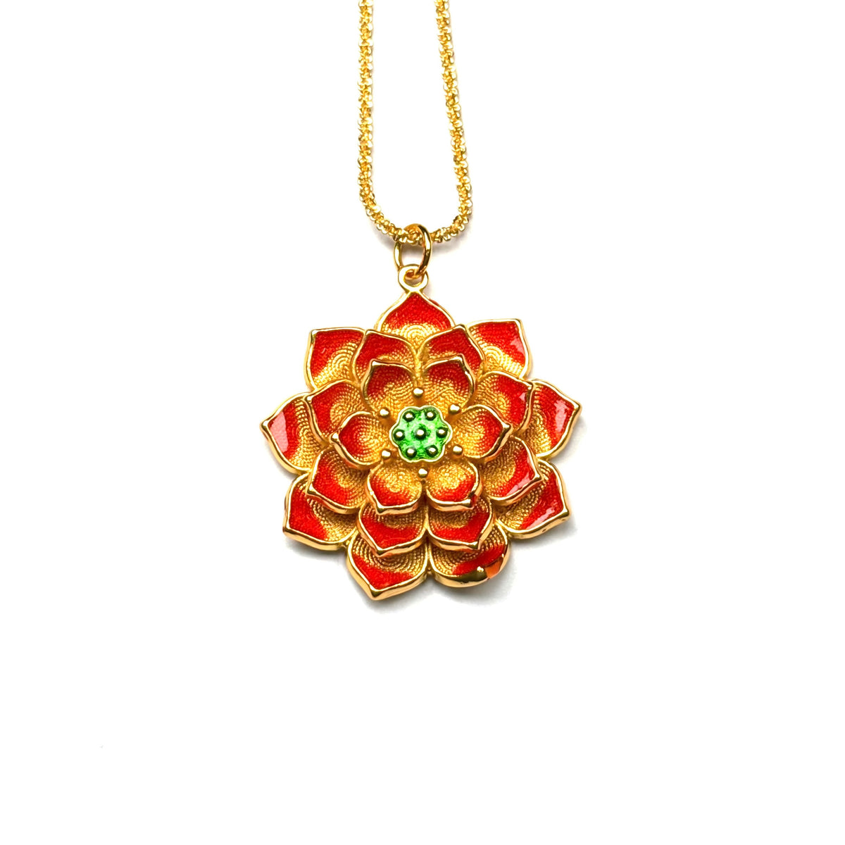 A front view of an authentic sand gold multi-layer lotus pendant featuring vibrant red enamel petals and a green center on a gold chain, against a white background.