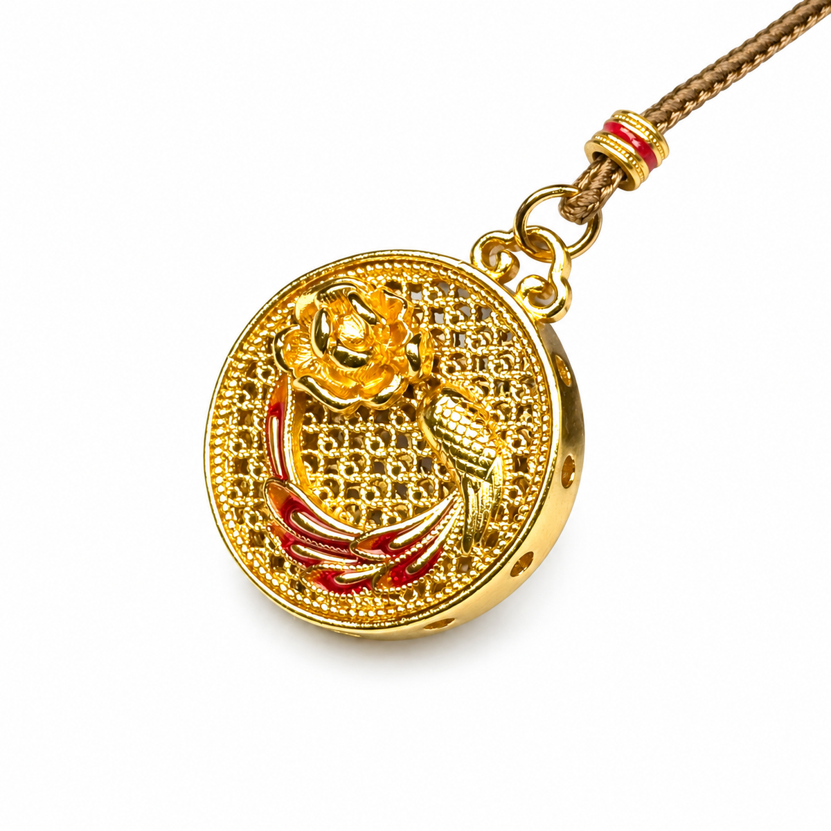 Reversible Koi and Filigree Lotus Pendant — detail view