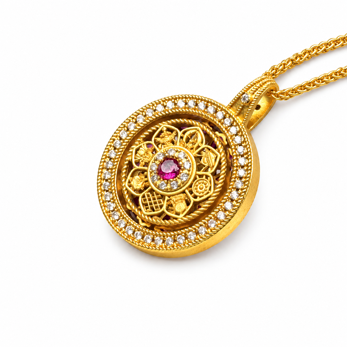 Round Gold-Tone Dharma Wheel Pendant — detail view