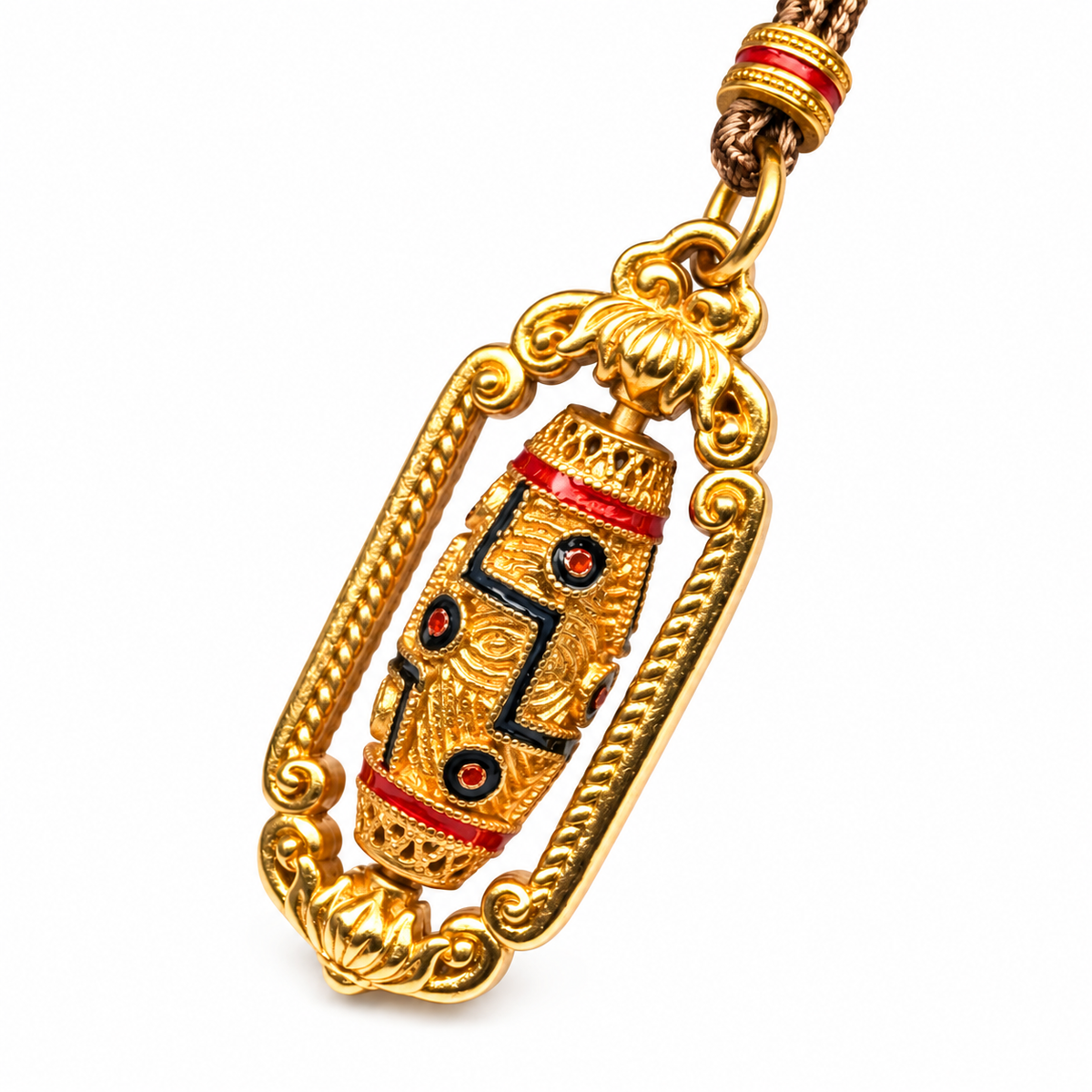 Gold-Tone Dzi-Style Prayer Wheel Pendant — detail view