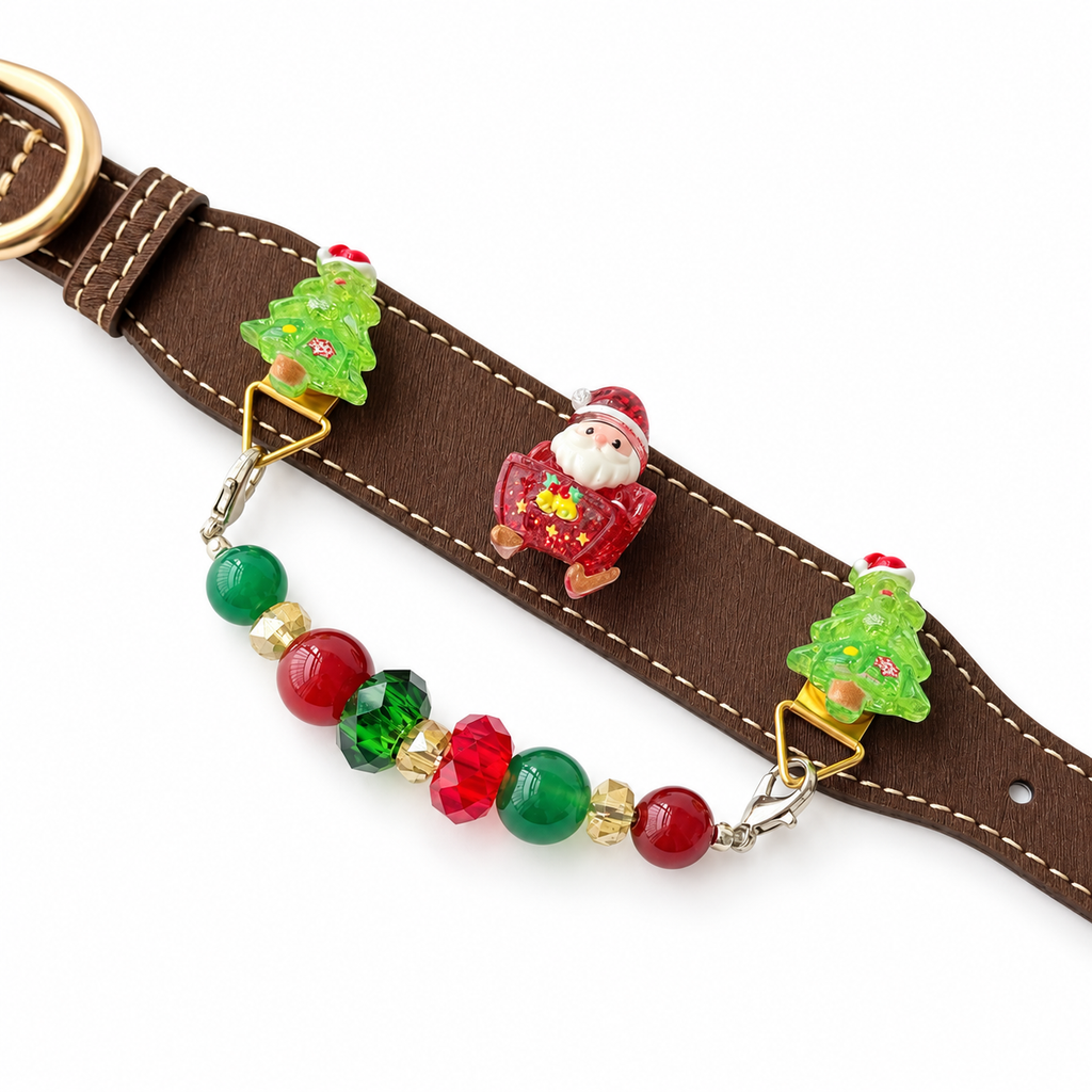 Santa Evergreen Sleigh Beaded Pet Collar - flat lay view