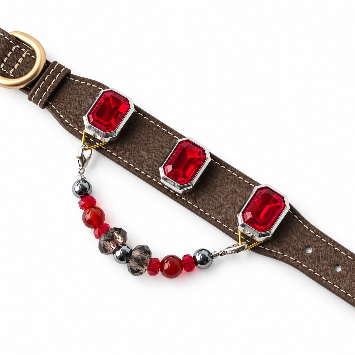 Scarlet Mocha Facet Beaded Pet Collar - bead and strap detail