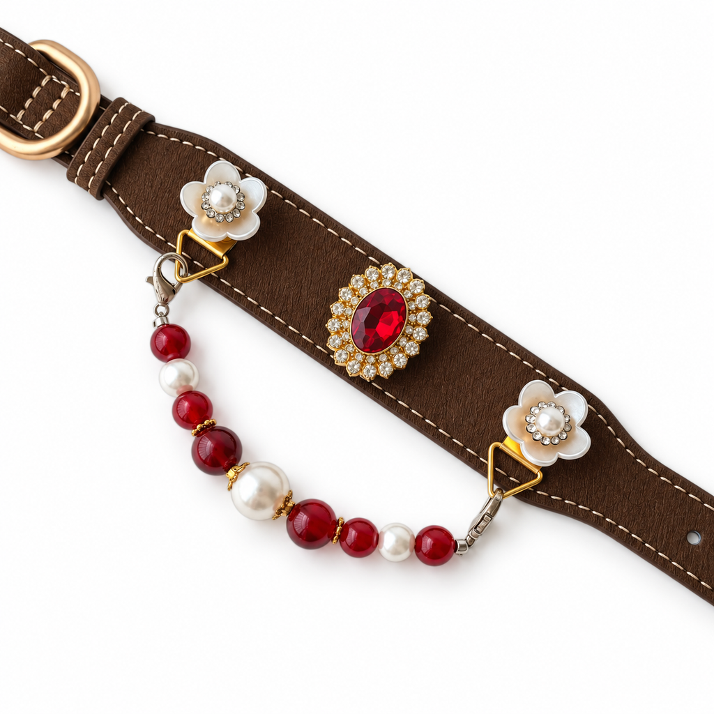 Scarlet Pearl Crest Beaded Pet Collar - flat lay view