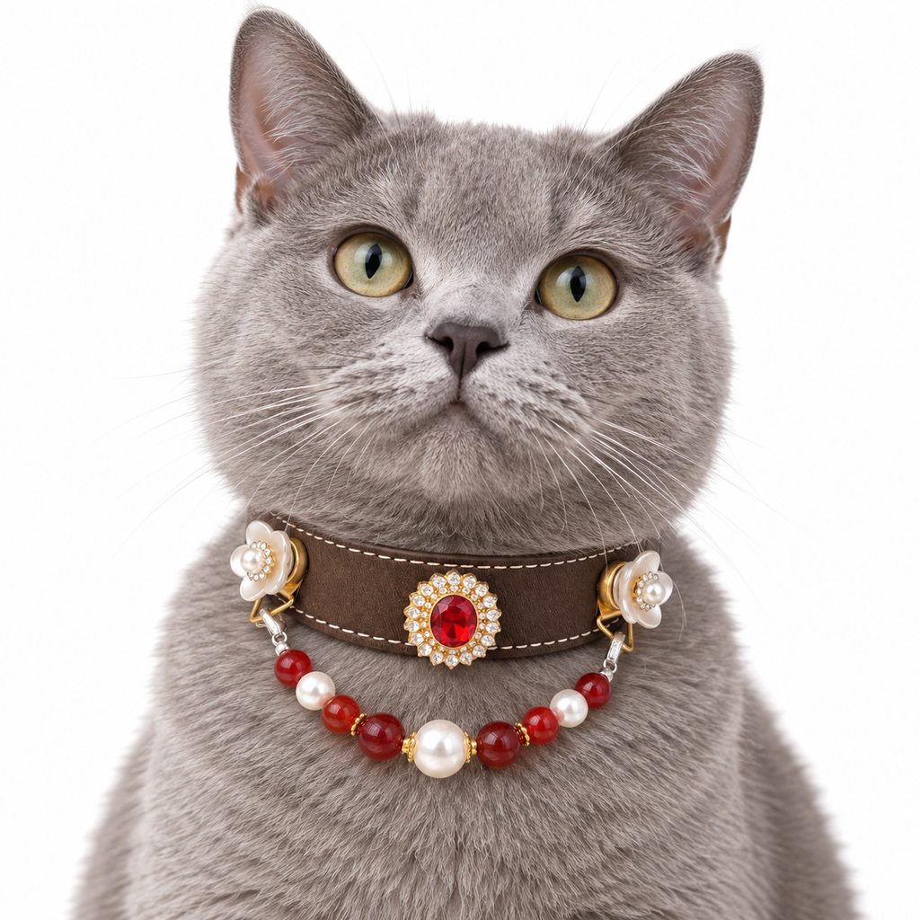 Scarlet Pearl Crest Beaded Pet Collar - AI pet wearing styling illustration