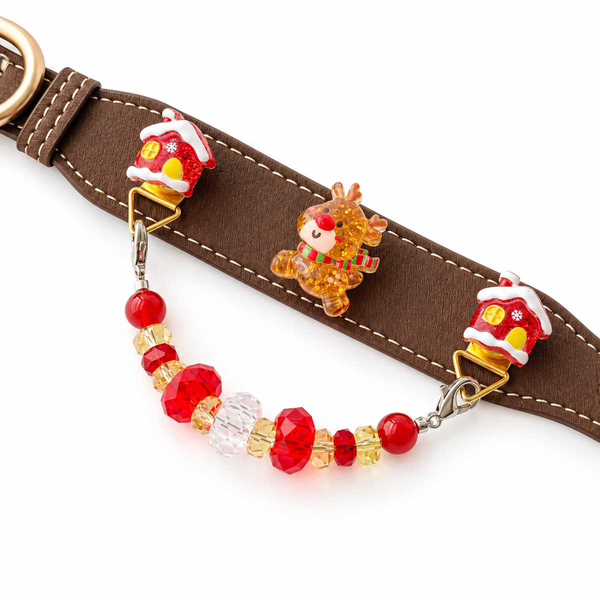 Scarlet Reindeer Cocoa Beaded Pet Collar - flat lay view