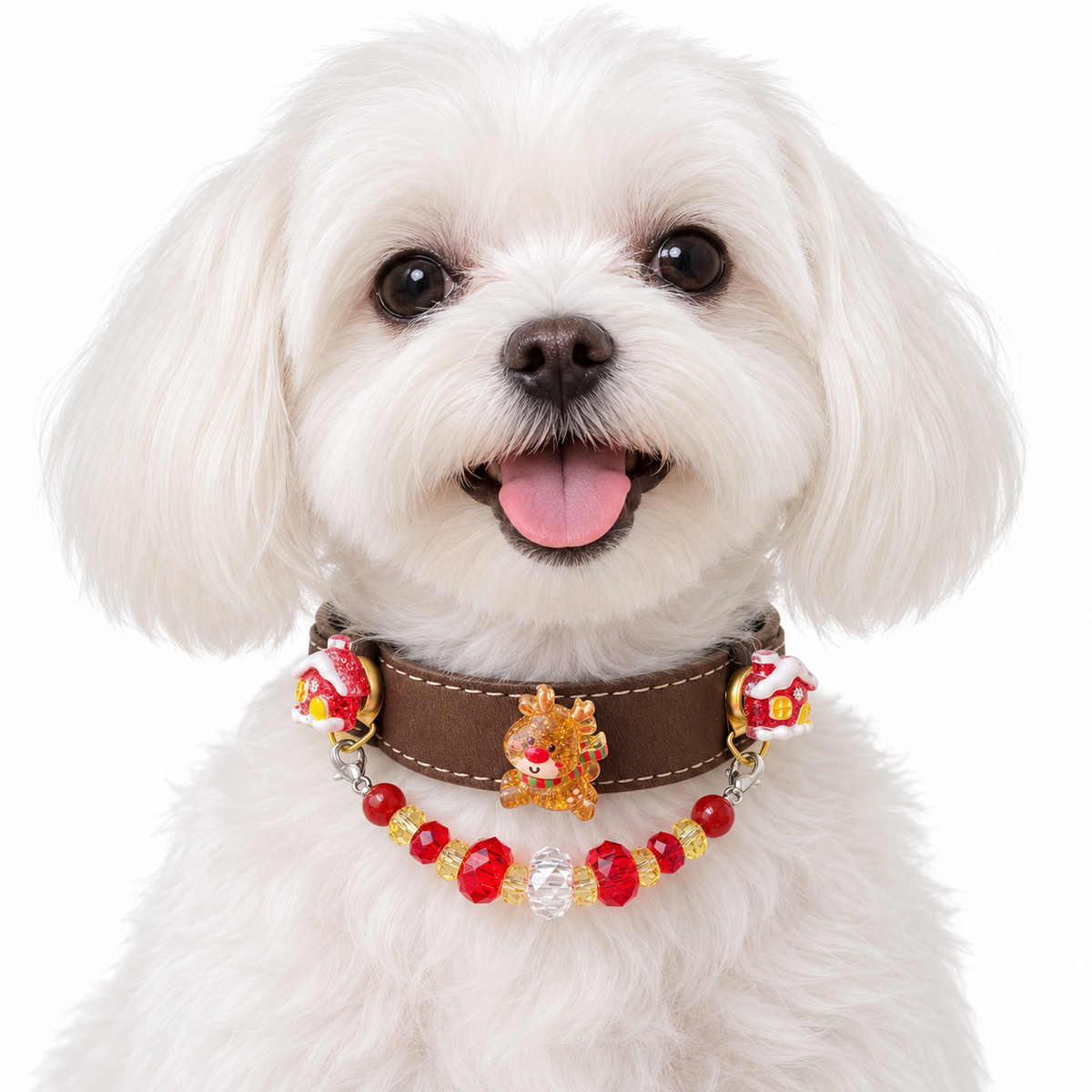 Scarlet Reindeer Cocoa Beaded Pet Collar - AI pet wearing styling illustration