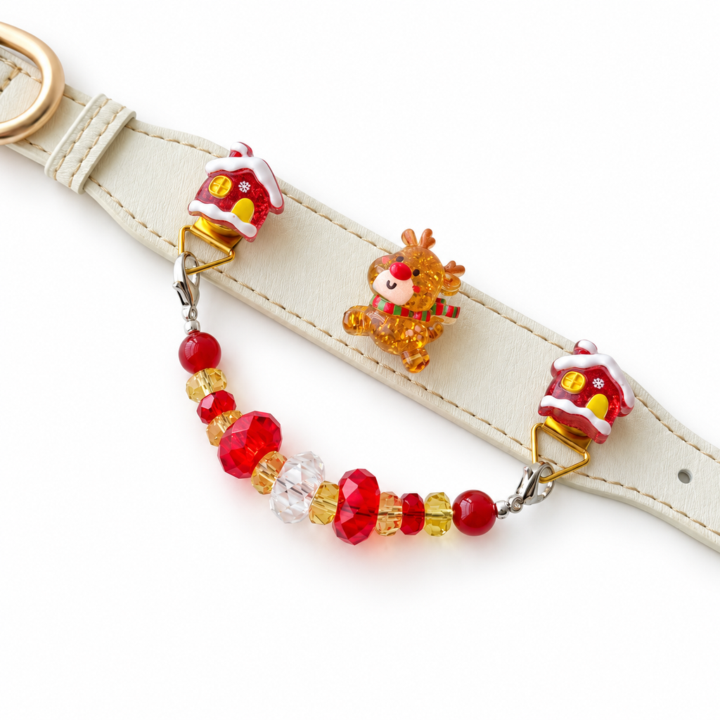Scarlet Reindeer Cream Beaded Pet Collar - flat lay view