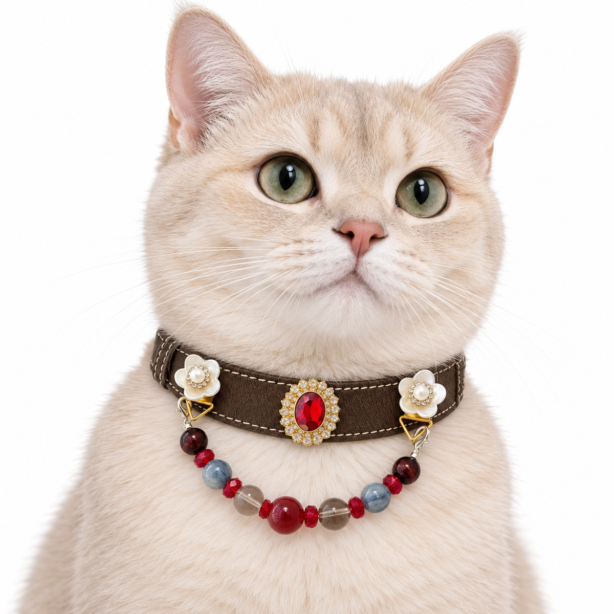 Scarlet River Crest Beaded Pet Collar - AI pet wearing styling illustration