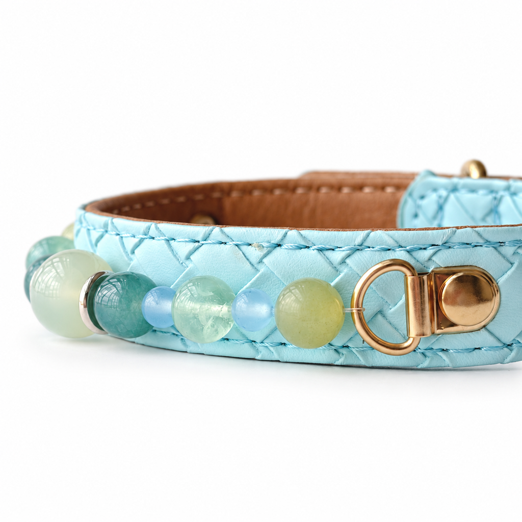 Seafoam Moon Beaded Pet Collar - bead and strap detail