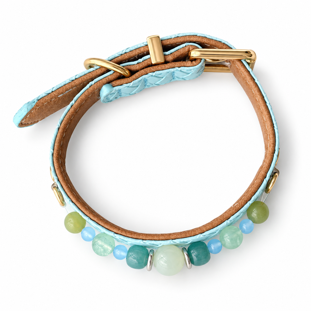 Seafoam Moon Beaded Pet Collar - overhead view