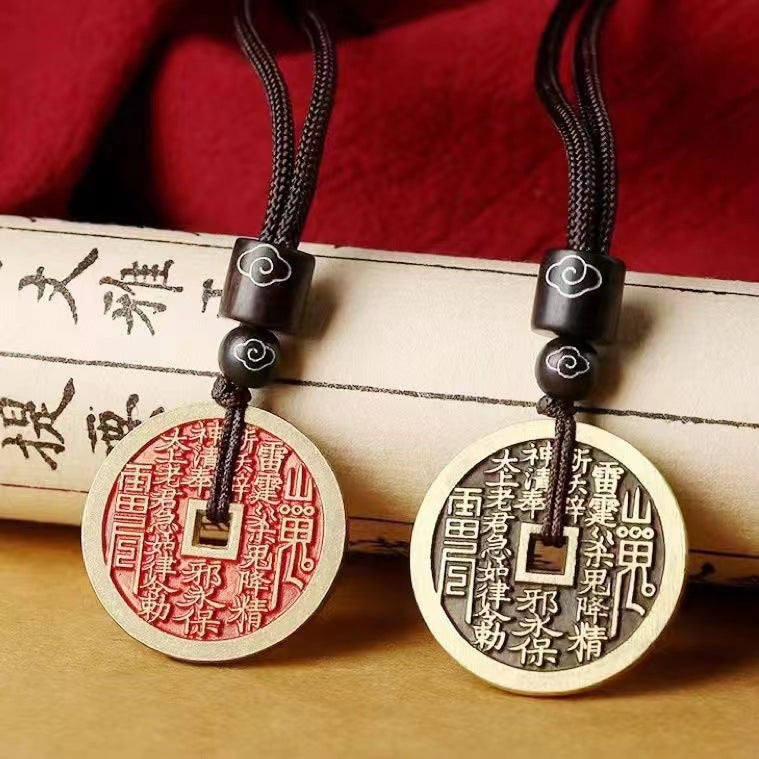 Authentic Taoist Bagua Coin Pendant | Cinnabar Brass Protection Amulet Necklace